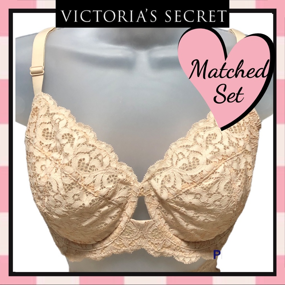 Victoria’s Secret 34F & Medium High Waist Thong Unlined Demi Lace Bra Set 34DDD